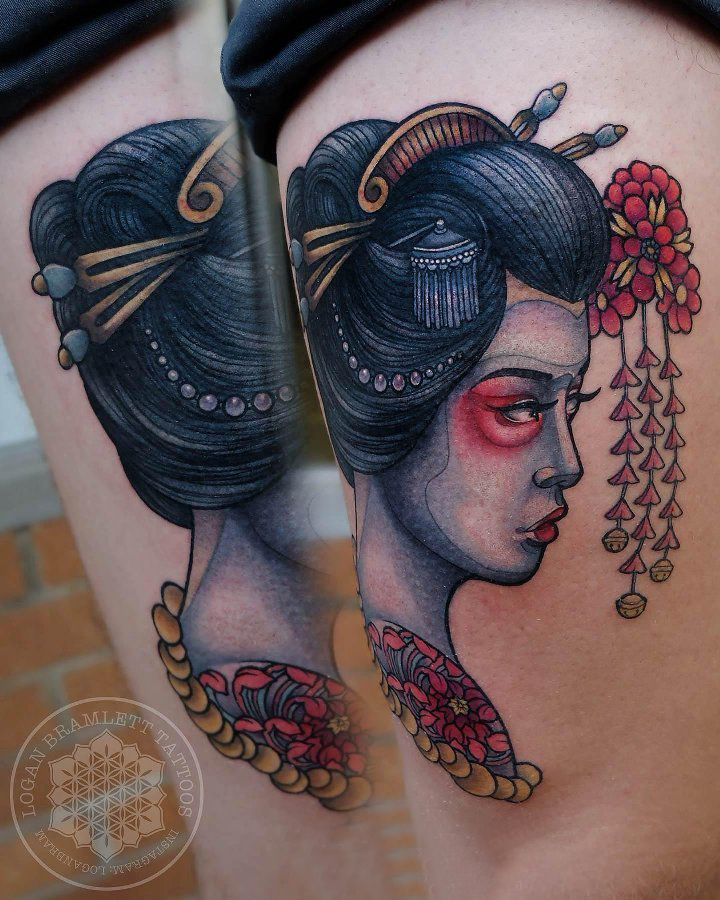 纹身日本艺妓 女生大腿上彩绘纹身日本艺妓图片