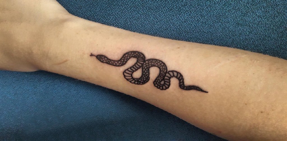 纹身动物 男生手臂上黑色的蛇纹身图片