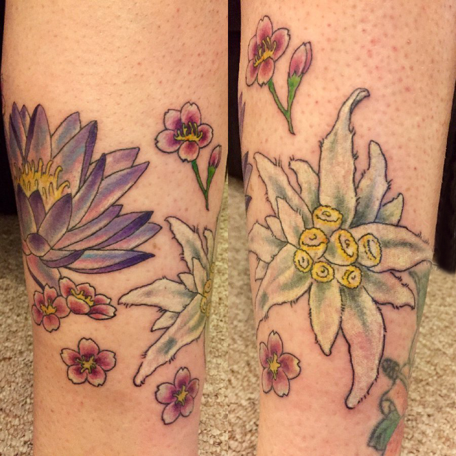 文艺花朵纹身 女生小腿上文艺花朵纹身彩色图案