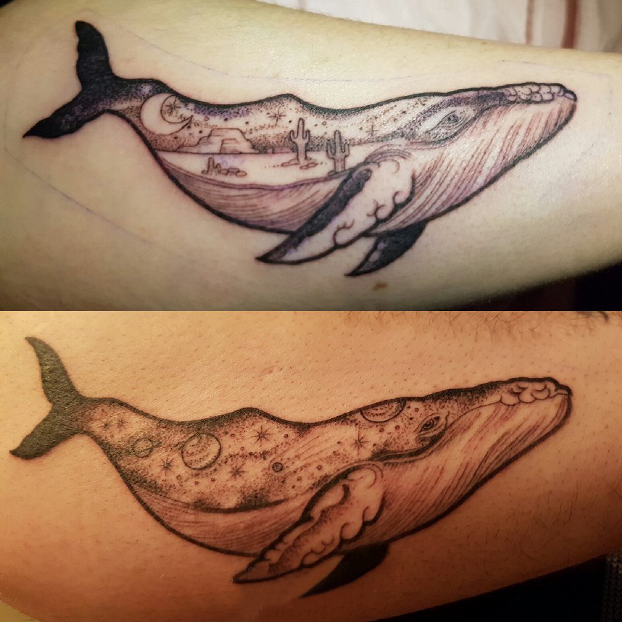 纹身鲸鱼 男生手臂上简单线条纹身鲸鱼图片