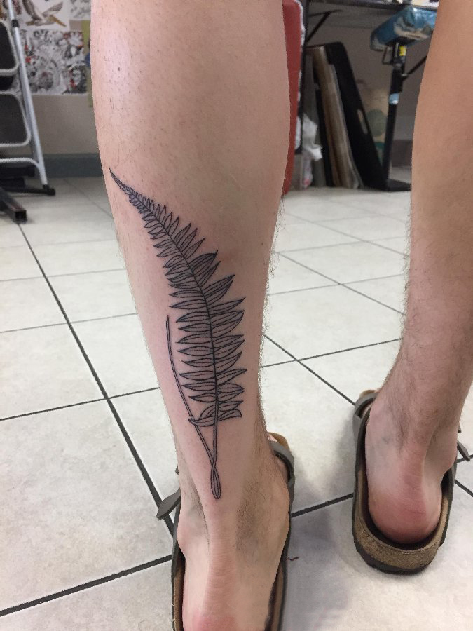 纹身叶子图案 男生小腿上黑色的叶子纹身图片