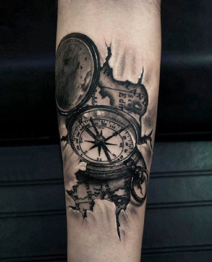纹身指南针 男生手臂上素描纹身指南针图片