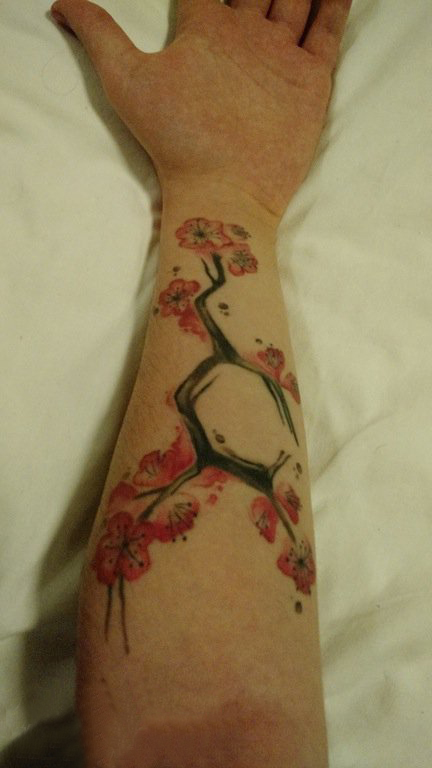 手臂纹身素材 女生手臂上化学元素和樱花纹身图片