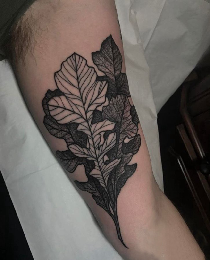 手臂纹身素材 男生手臂上黑色的叶子纹身图片