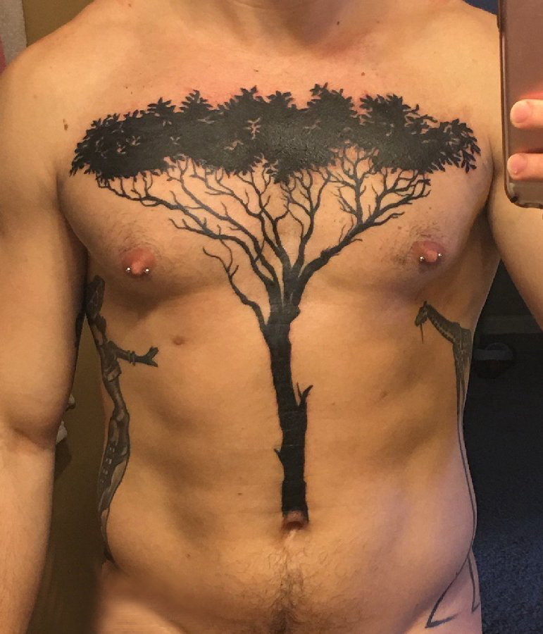 纹身胸部男 男生胸部黑色的大树纹身图片
