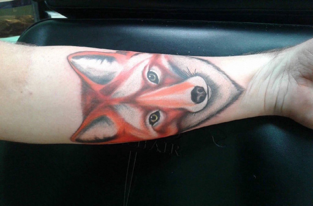 小动物纹身 男生手臂上彩色的狐狸纹身图片