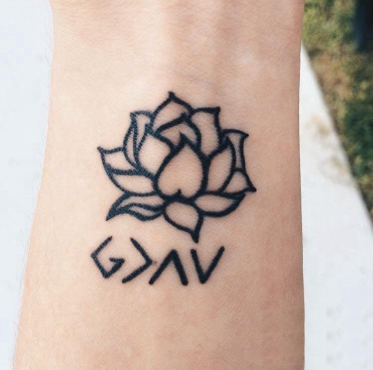 小清新植物纹身 女生手腕上黑色的莲花纹身图片