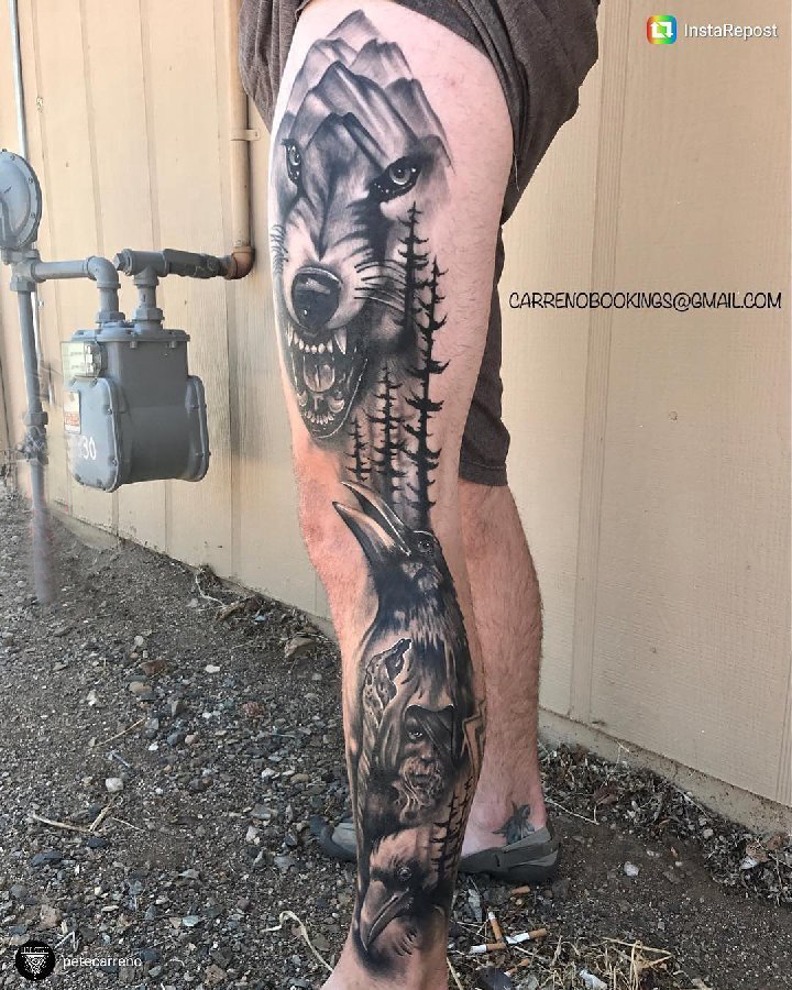 狼纹身 男生腿部狼纹身图片