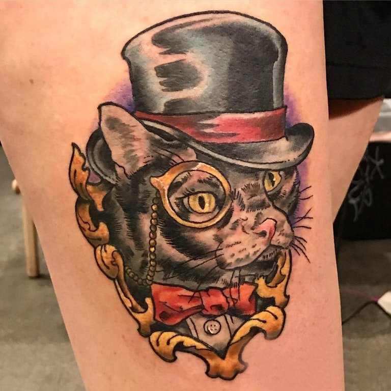 猫咪纹身简单 女生大腿上小猫咪纹身图片