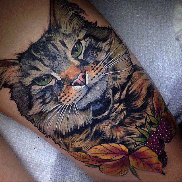 小猫咪纹身 女生小腿上猫咪纹身图案