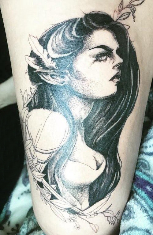 女生人物纹身图案 女生大腿上人物肖像纹身素描纹身图片