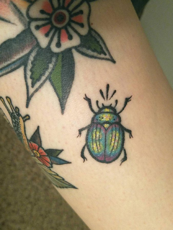 纹身动物 女生小腿上彩色的昆虫纹身图片