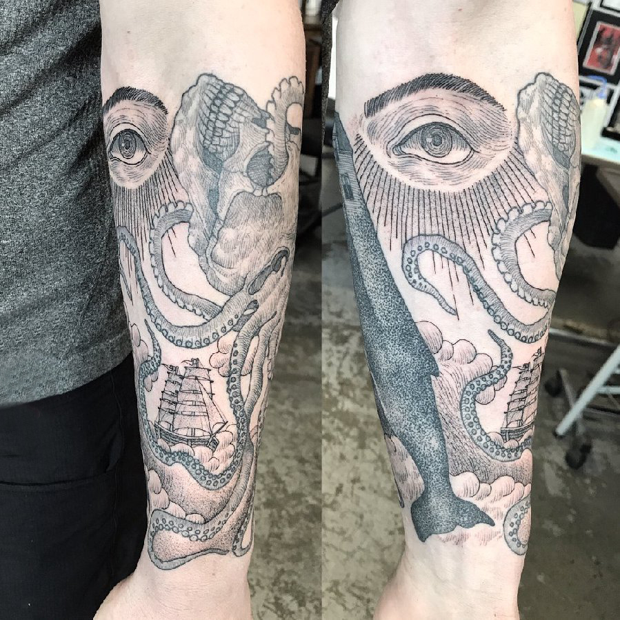 眼睛纹身 男生手臂上黑色章鱼纹身图片
