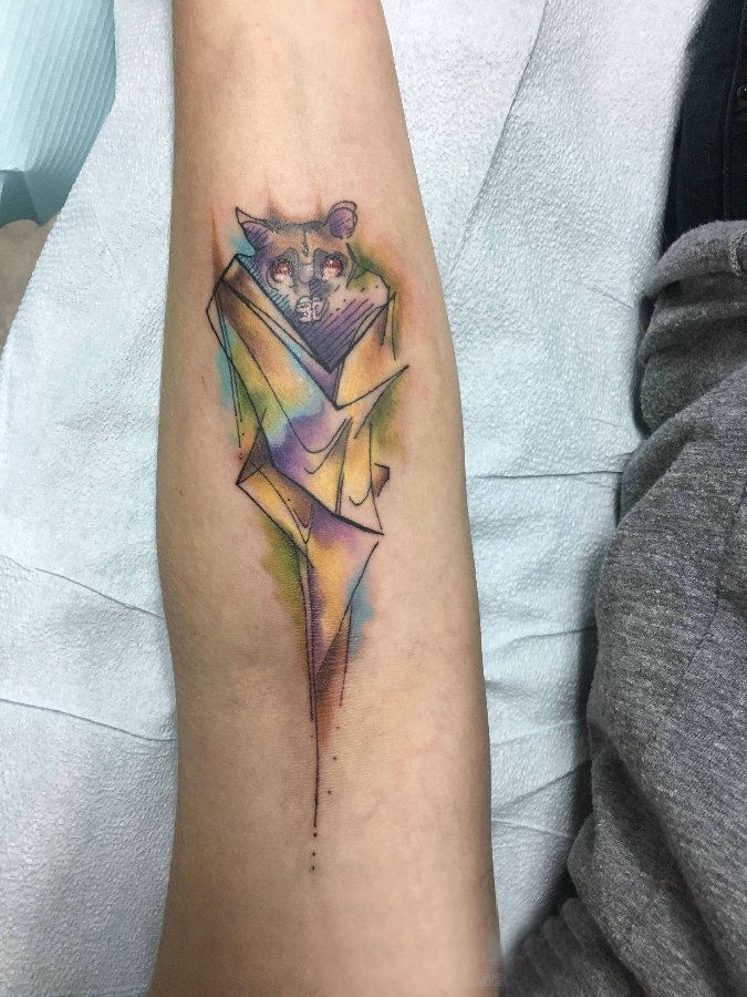手臂纹身素材 男生手臂上彩色的蝙蝠纹身图片