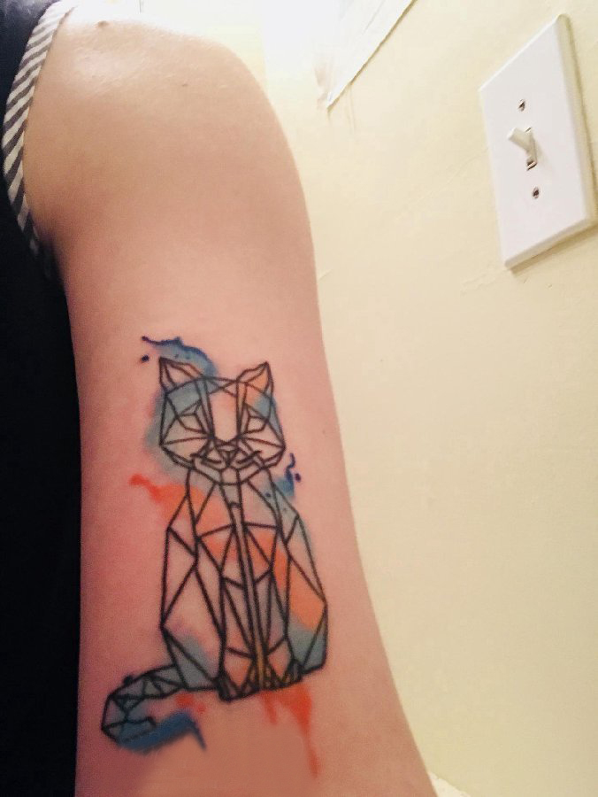 几何动物纹身 女生手臂上彩色的猫咪纹身图片