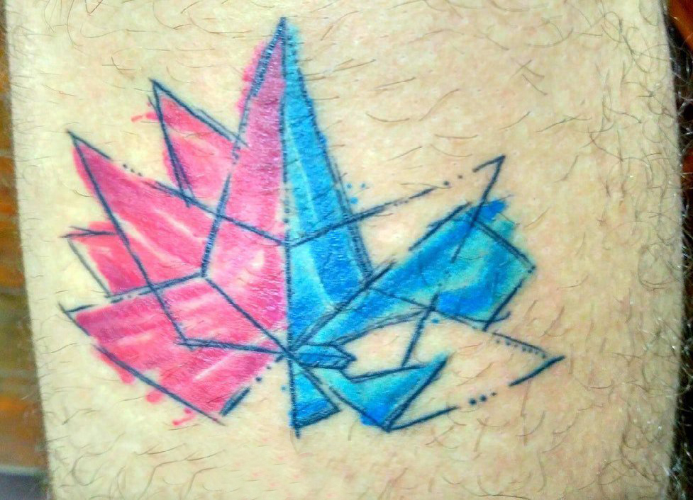 极简线条纹身 男生小腿上彩色的叶子纹身图片