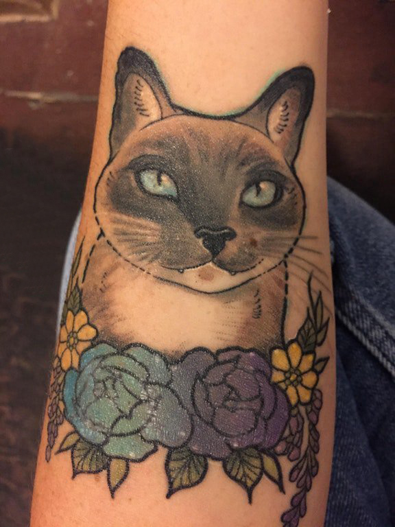手臂纹身素材 男生手臂上彩色的花朵和猫咪纹身图片