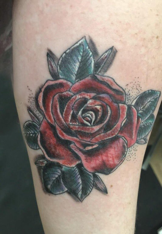 欧美小腿纹身 女生小腿上彩色的玫瑰纹身图片