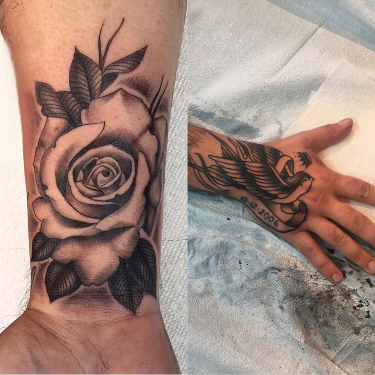 手臂纹身素材 男生手腕上鸟和玫瑰纹身图片