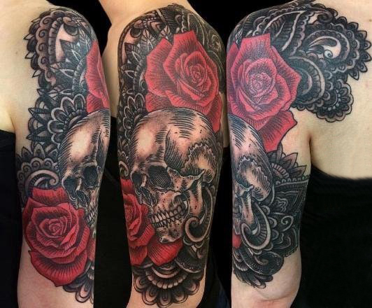 骷髅花朵纹身图案 女生手臂上骷髅花朵纹身图案