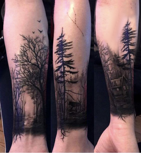 手臂纹身素材 男生手臂上建筑物和大树纹身图片