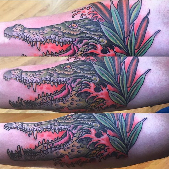 手臂纹身素材 男生手臂上植物和鳄鱼纹身图片