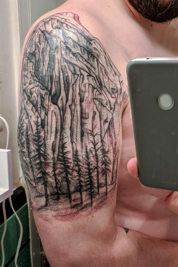 双大臂纹身 男生大臂上大树和山脉纹身图片
