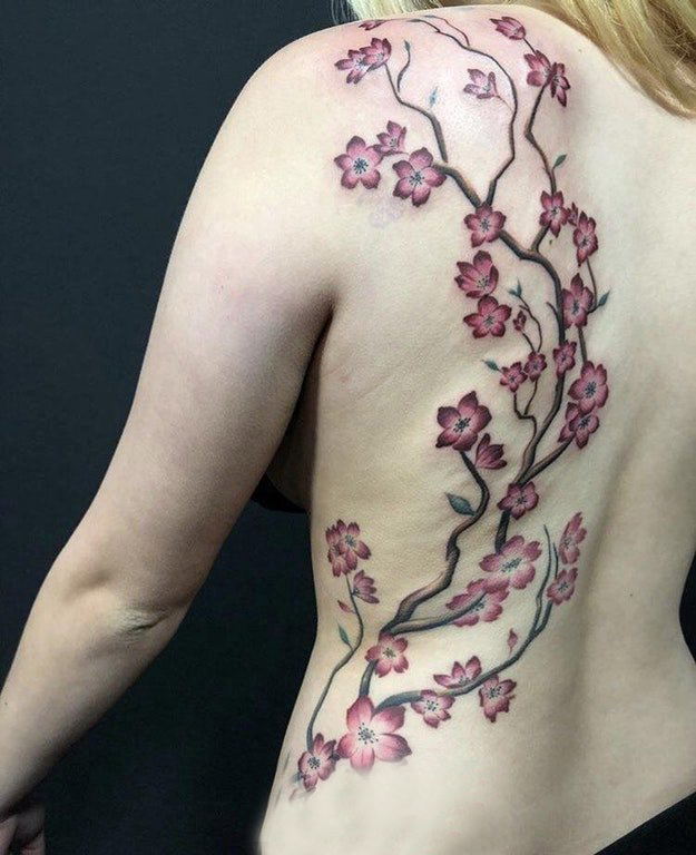 纹身后背女 女生后背上彩色的樱花树纹身图片