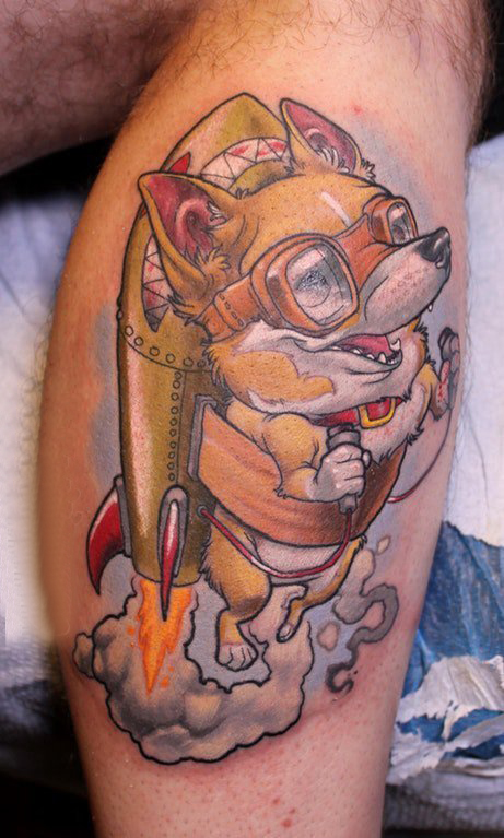 欧美小腿纹身 男生小腿上彩色的卡通小狗纹身图片