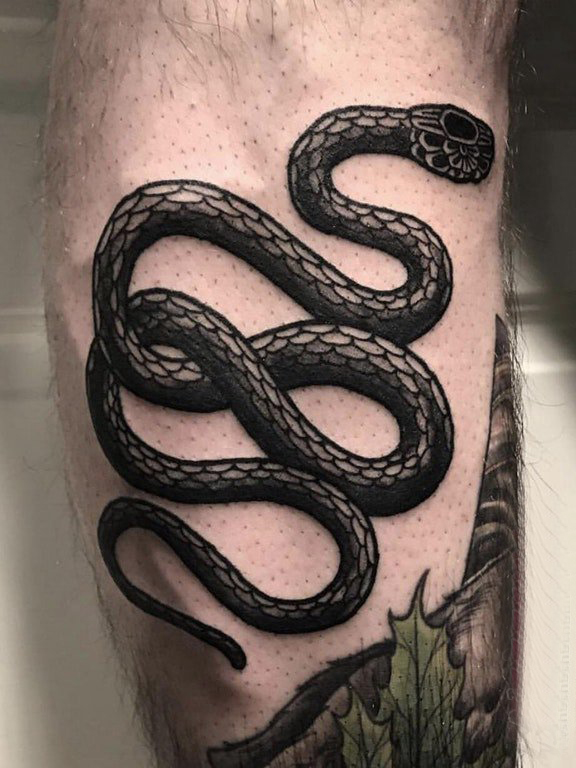 欧美小腿纹身 男生小腿上黑色的蛇纹身图片