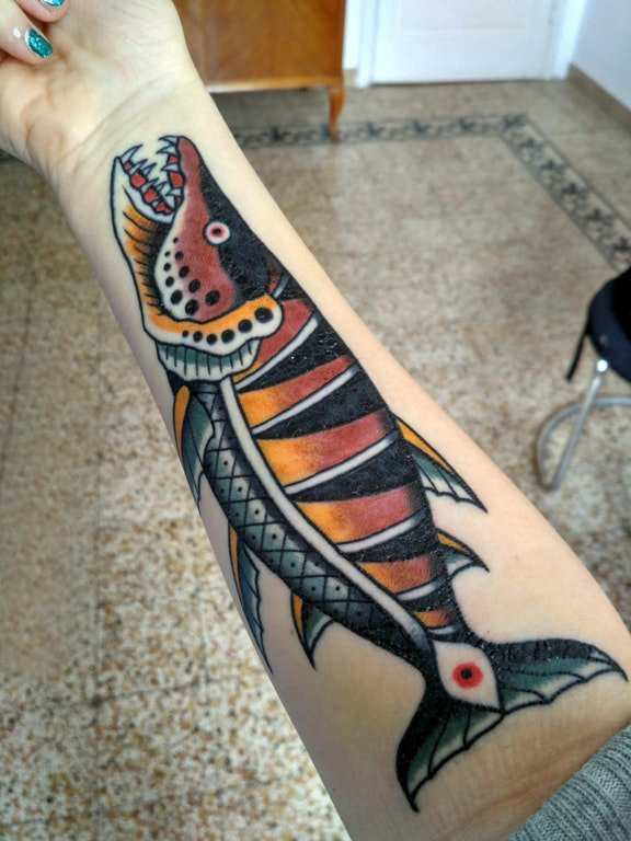 纹身招财鱼 男生手臂上彩色的鱼纹身图片