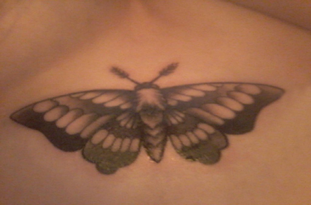 女生胸下纹身 女生胸下黑色的蝴蝶纹身图片