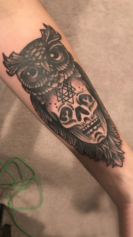 手臂纹身素材 男生手臂上骷髅和猫头鹰纹身图片