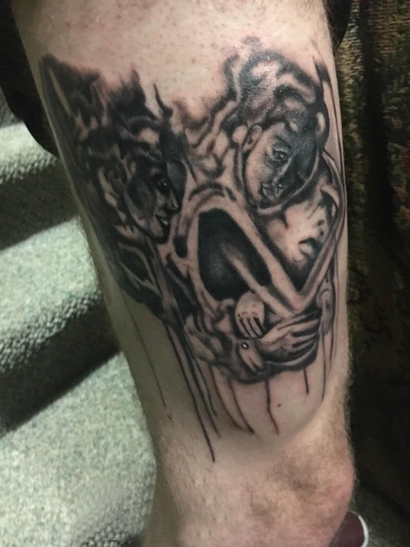 纹身骷髅头 男生大腿上骷髅纹身图片
