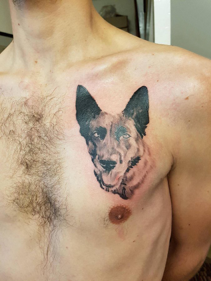 小狗纹身图片 男生胸部黑色的小狗纹身图片