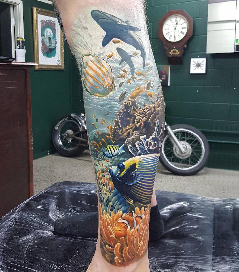 欧美小腿纹身 男生小腿上彩色的海底风景纹身图片