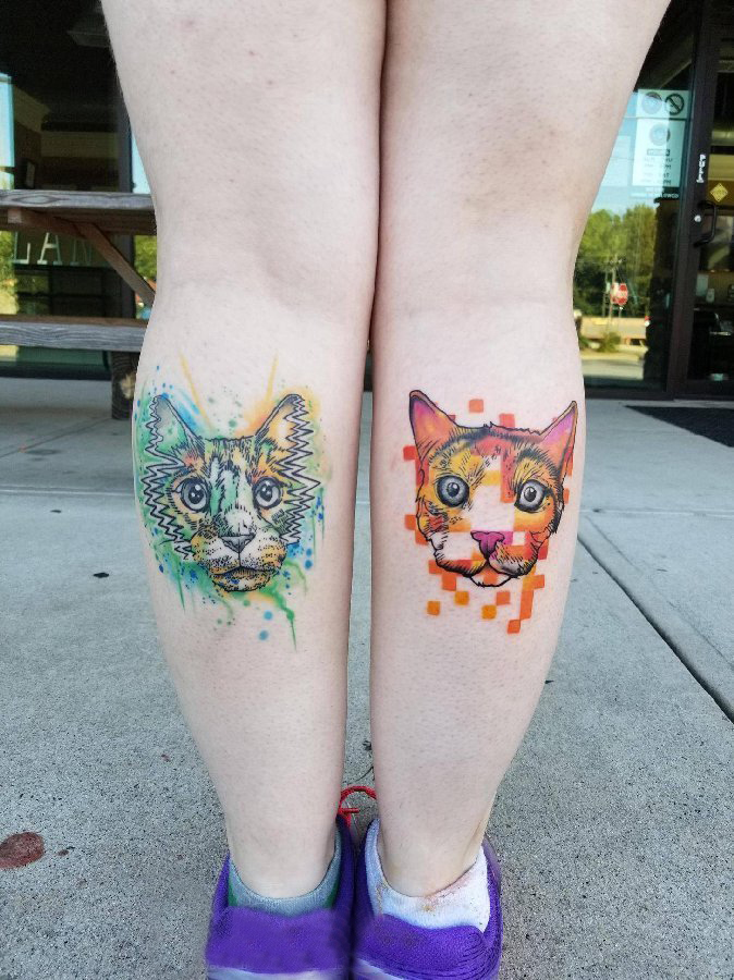 小清新猫咪纹身 女生小腿上小清新猫咪纹身图片
