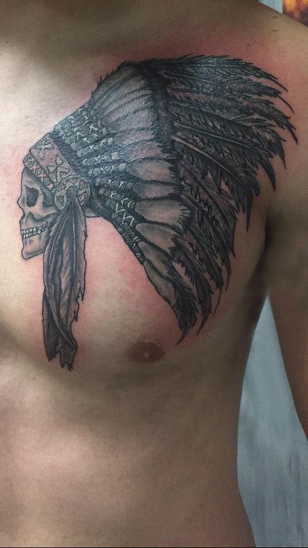 印第安人纹身 男生胸部黑色的印第安骷髅纹身图片
