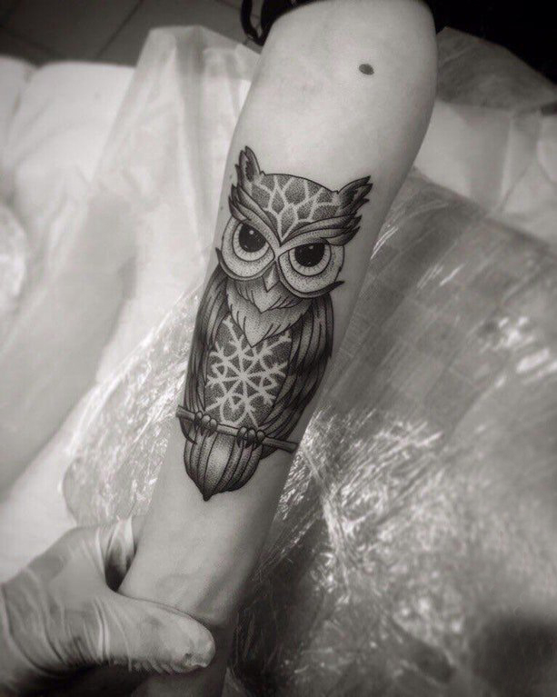 手臂纹身图片 男生手臂上黑色的猫头鹰纹身图片