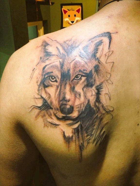 狼头纹身 男生肩上素描的狼头纹身图片