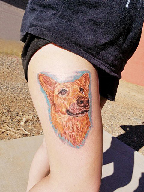 百乐动物纹身 女生大腿上彩色的小狗纹身图片