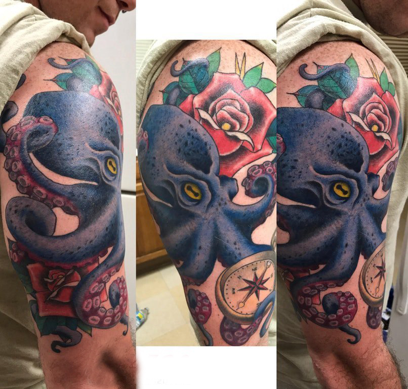 大臂纹身图片 男生大臂上玫瑰和章鱼纹身图片
