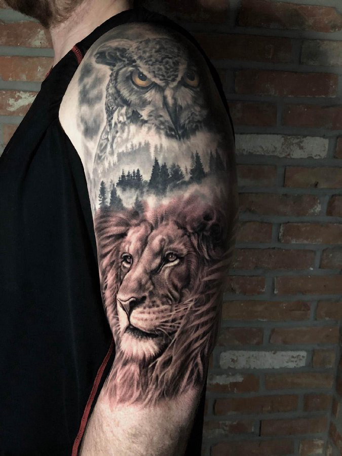 手臂纹身图片 男生手臂上猫头鹰和狮子纹身图片