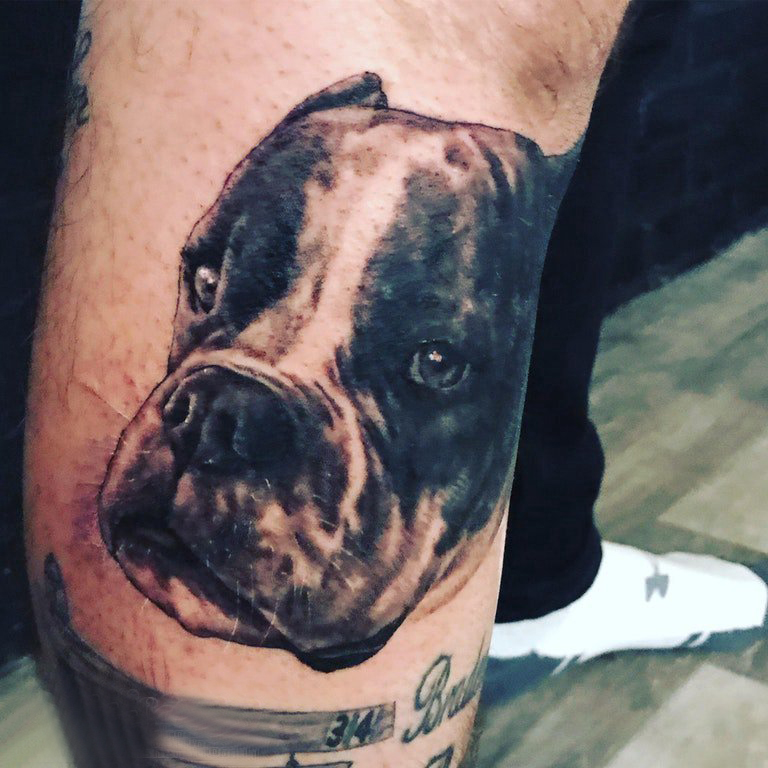 欧美线条纹身 男生小腿上黑色的宠物狗纹身图片