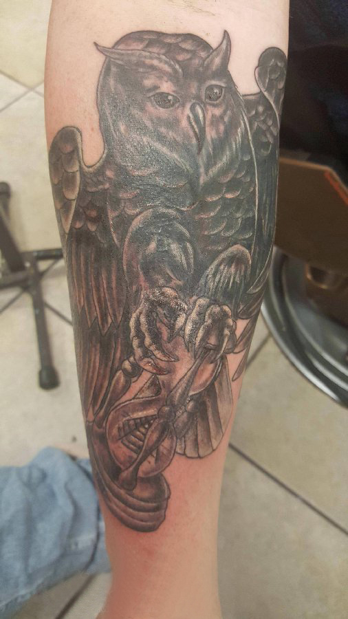 纹身猫头鹰  女生手臂上素描的猫头鹰纹身图片