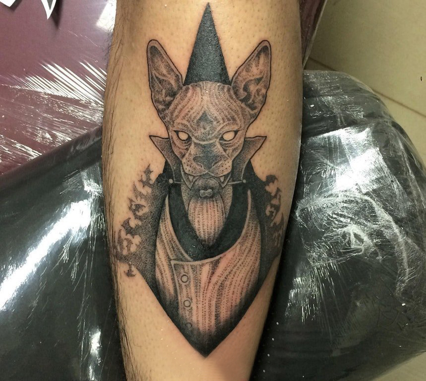 百乐动物纹身 男生小腿上几何和小狗纹身图片
