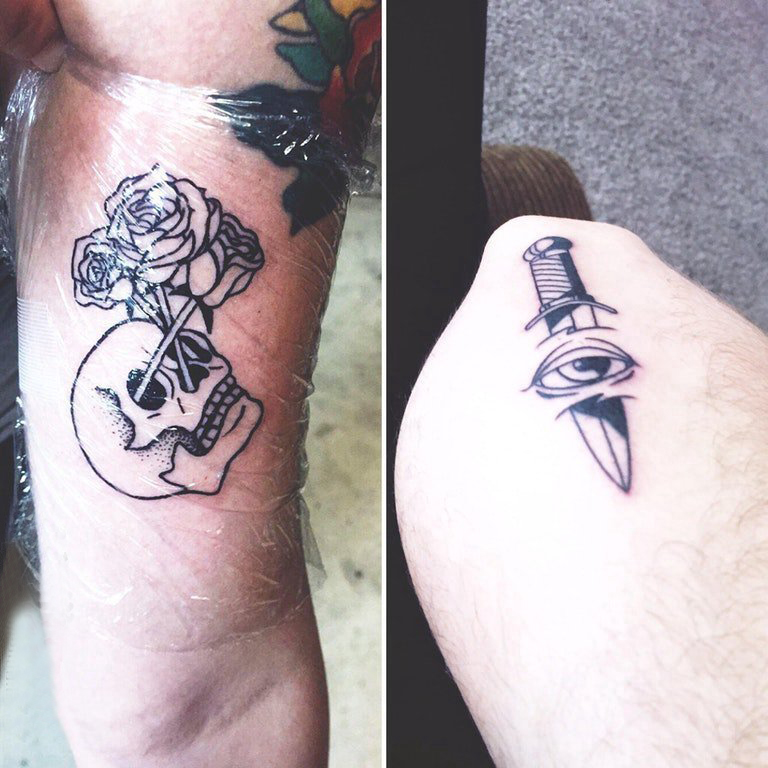 骷髅和花朵纹身图案  男生手臂上骷髅和花朵纹身图片