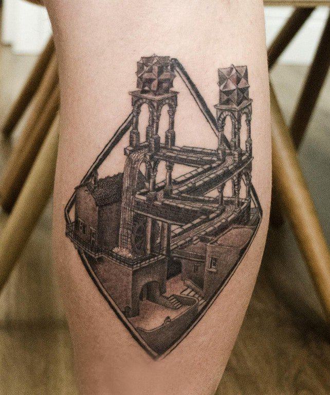 建筑物纹身  女生小腿上黑灰的建筑物纹身图片