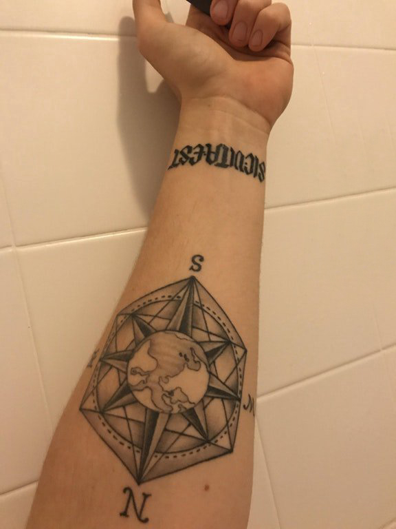 地球纹身图案 女生手臂上几何和地球纹身图片