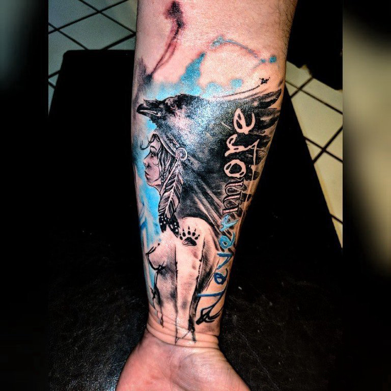 水彩纹身图片女  男生小臂上水彩的人物纹身图片